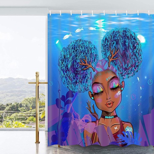 Stunning Black Girl African American Shower Curtain with Blue Ocean PrintUnique Bathroom Decor - Image 3