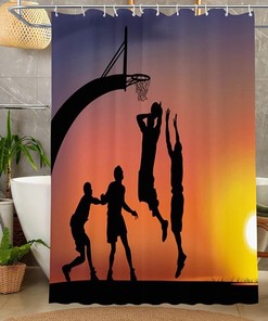 Sunset Basketball Players Shower Curtain for Boys Bathroom Decor