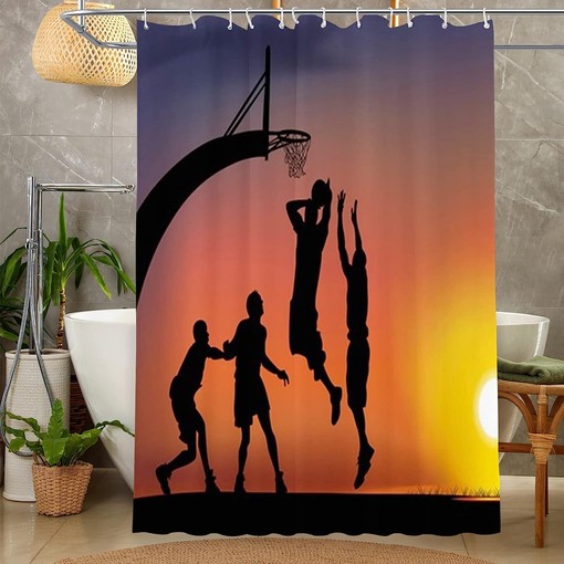 Sunset Basketball Players Shower Curtain for Boys Bathroom Decor
