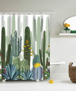 Tropical Watercolor Cactus Fabric Shower Curtain for Bathrooms Decor
