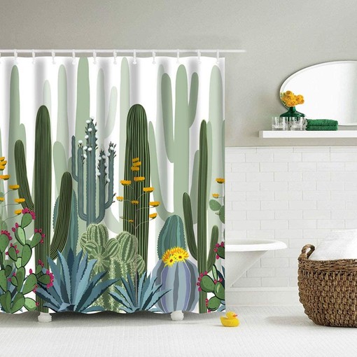 Tropical Watercolor Cactus Fabric Shower Curtain for Bathrooms Decor