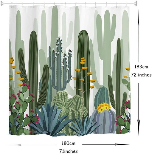 Tropical Watercolor Cactus Fabric Shower Curtain for Bathrooms Decor - Image 2