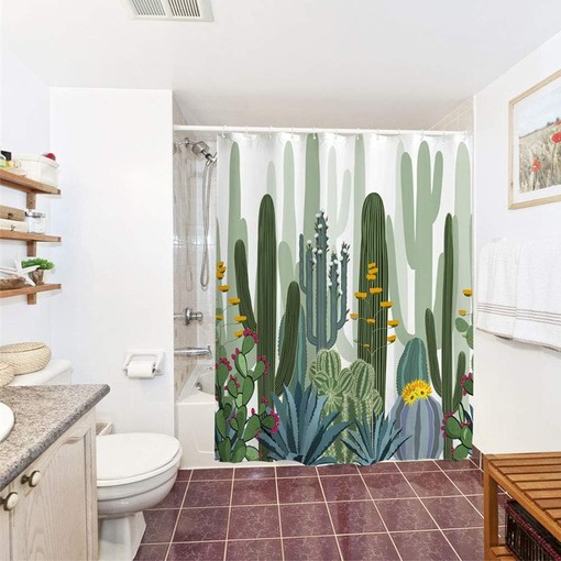 Tropical Watercolor Cactus Fabric Shower Curtain for Bathrooms Decor - Image 3