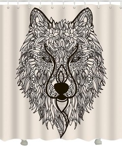 Unique Zentangle Wolf Flower Fabric Shower Curtain for Bathroom Decor