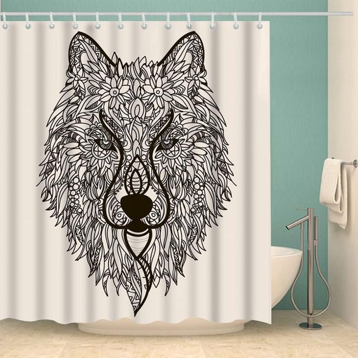 Unique Zentangle Wolf Flower Fabric Shower Curtain for Bathroom Decor - Image 2