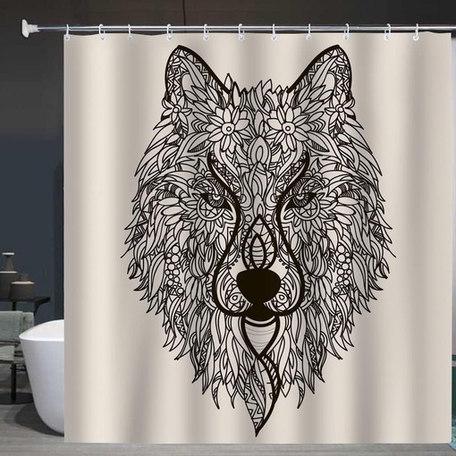 Unique Zentangle Wolf Flower Fabric Shower Curtain for Bathroom Decor - Image 3