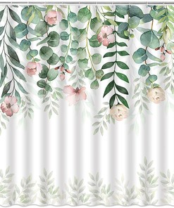 Watercolor Eucalyptus Shower Curtain Pink Floral Sage Green Leaf Botanical Bath Decor