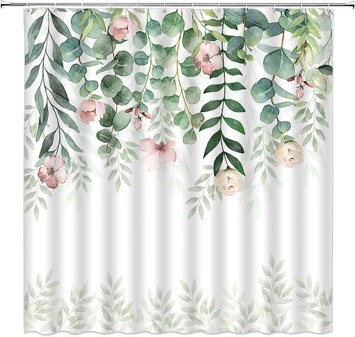 Watercolor Eucalyptus Shower Curtain Pink Floral Sage Green Leaf Botanical Bath Decor