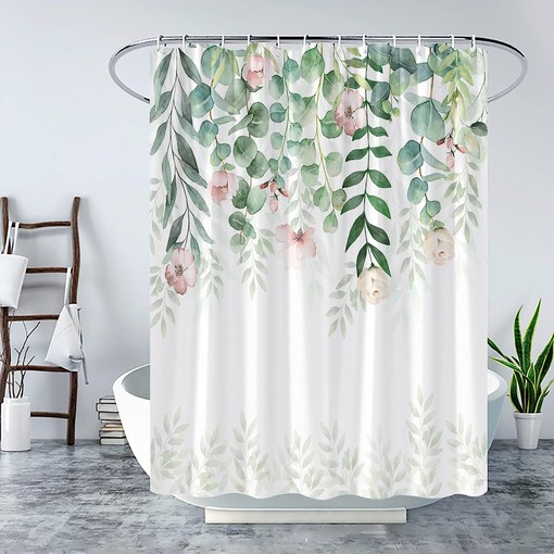 Watercolor Eucalyptus Shower Curtain Pink Floral Sage Green Leaf Botanical Bath Decor - Image 2
