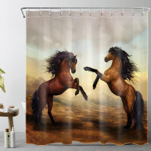 Western Wildlife Horse Running on Mountain Shower Curtain Fabric for Bathroom Decor