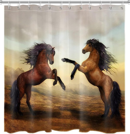 Western Wildlife Horse Running on Mountain Shower Curtain Fabric for Bathroom Decor - Image 2