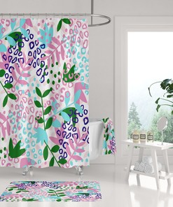White, Pink, and Blue Abstract Tropical Jungle Colorful Floral Boho Shower Curtain for Modern Minimalist Bathroom Decor