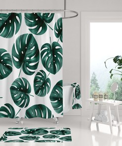 White and Green Monstera Tropical Leaves Boho Shower Curtain for Modern Minimalist Bathroom Decor