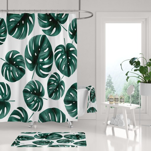 White and Green Monstera Tropical Leaves Boho Shower Curtain for Modern Minimalist Bathroom Decor
