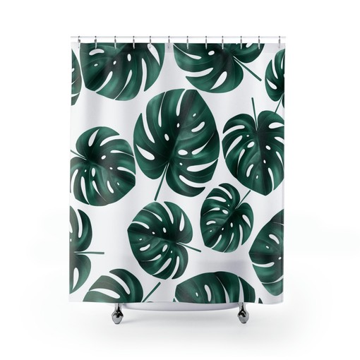 White and Green Monstera Tropical Leaves Boho Shower Curtain for Modern Minimalist Bathroom Decor - Image 2