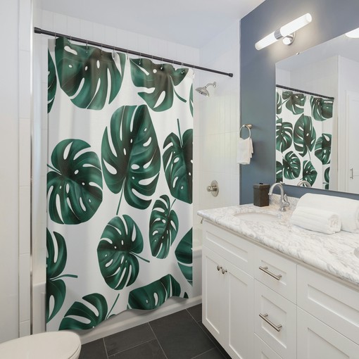 White and Green Monstera Tropical Leaves Boho Shower Curtain for Modern Minimalist Bathroom Decor - Image 3